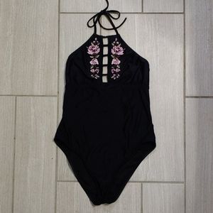 Mossimo black one-piece with embroidered flowers